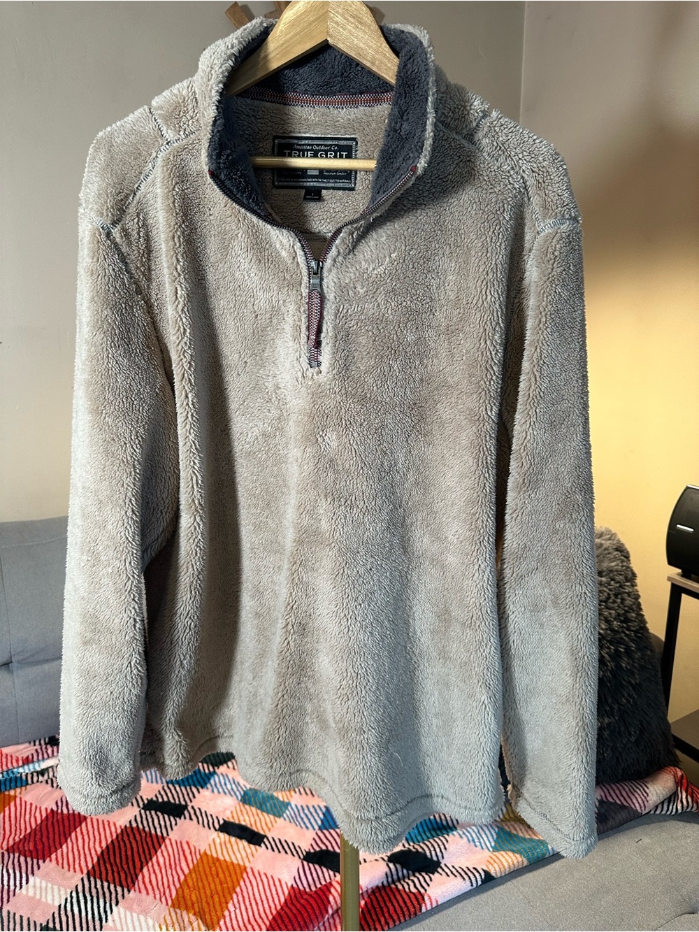 True Grit Men's Zip-Up Sherpa Pullover - Taupe with Dark Gray Collar